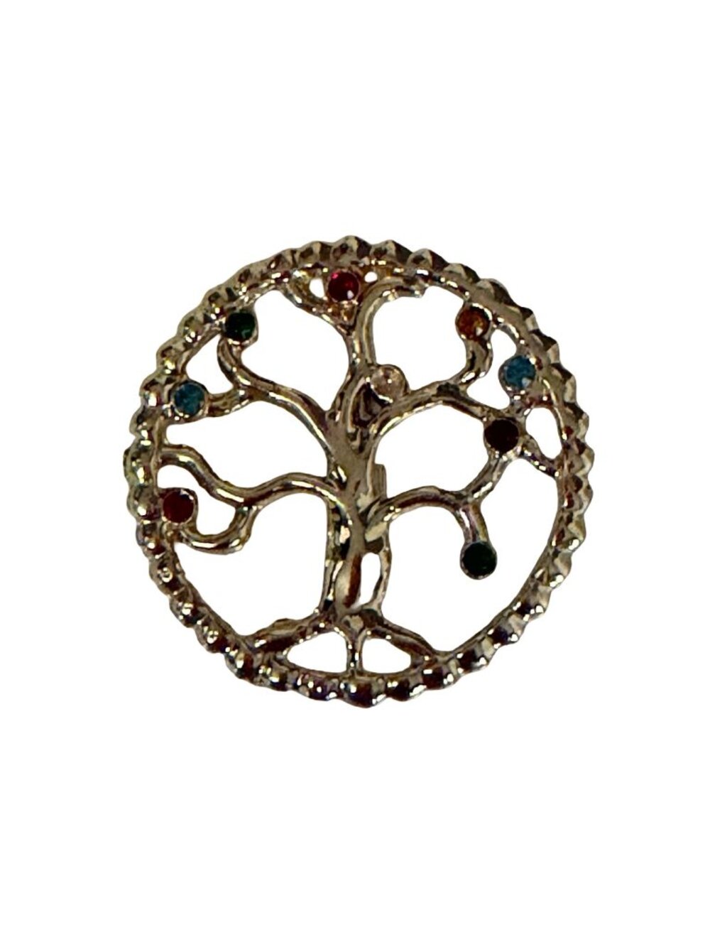 Vintage Tree of Life Rhinestone Brooch Silver Tone Multicolor Round Pin